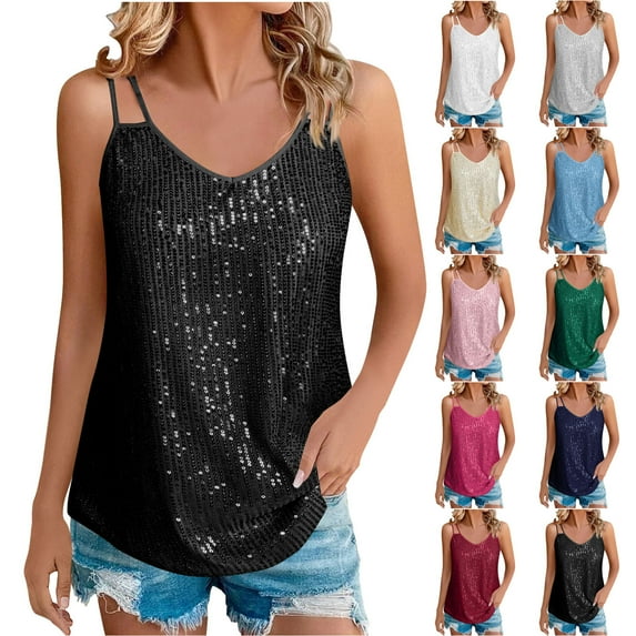 Eryao Sequin Camisole Tops for Women V Neck Sleeveless Tees Summer Holiday Party Sparkly Tanks ,Blue,XS
