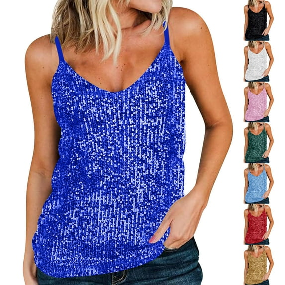 Eryao Sequin Tank Tops for Women Casual Sleeveless V Neck Camisoles Party Night Sparkly Tanks Weekly Sale,Green,XL
