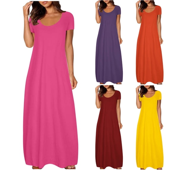 Eryao Short Sleeve Flowy Dress for Women Plus Size Solid Color Round Neck Maxi Dresses Summer Vacation Lightweight Dress,Orange,L