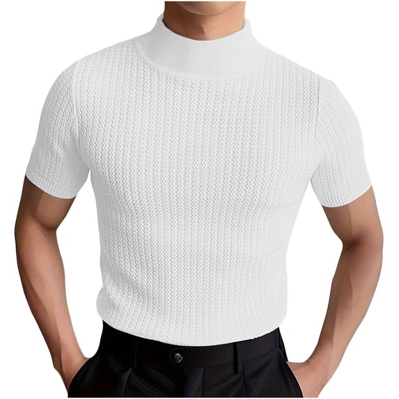 Eryao Short Sleeve Shirts Mens Mock Turtleneck Sweater Slim Fit Undershirt Casual Basic Tops Ribbed Knit Pullover Solid Tee 2026 White,M