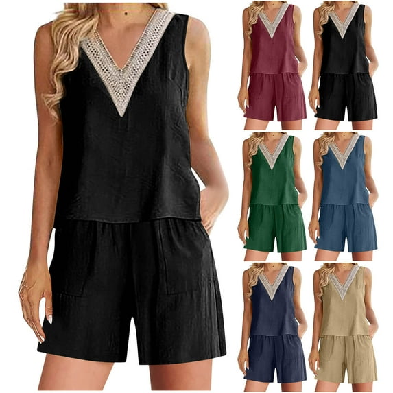 Eryao Sleeveless Shorts Sets Women 2 Piece Outfits Lace Patchwork V Neck Tank Tops with Elastic Shorts Pajamas Set Summer Lightweight Loungewear Duped People Free,Black,M
