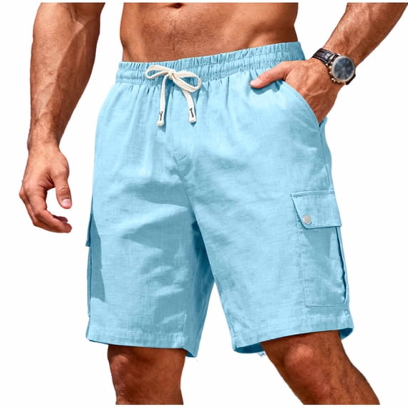 Eryao Summer Casual Cargo Shorts for Men Knee Length Drawstring Waist Shorts with Pockets Beach Vacation Travel Short Pants,Sky Blue,XL