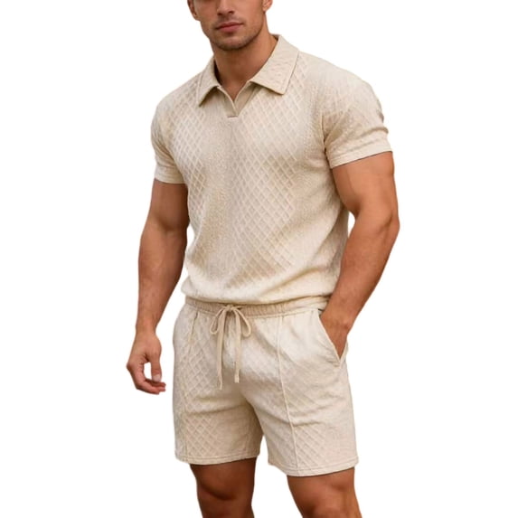 Eryao Summer Sets for Men Two Piece V Neck Short Sleeve Tops and Drawstring Waist Shorts with Pockets Casual Beach Loungewear,Khaki,XXL