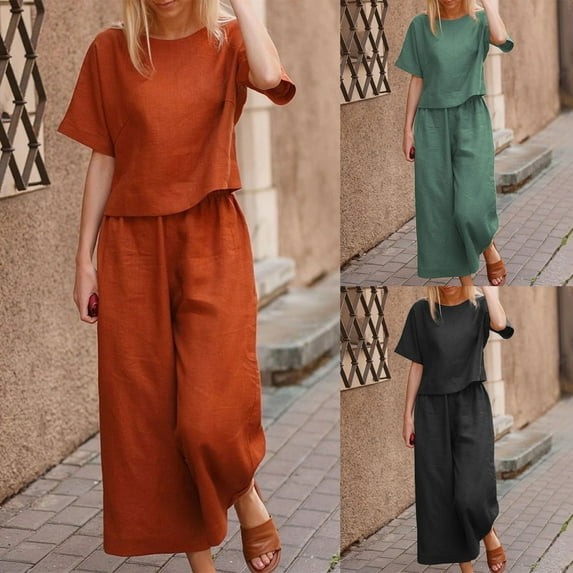 Eryao Summer Vacation Outfits for Women 2 Piece Solid Color Lounge Suits Plus Size Short Sleeve Round Neck Tops Matching Wide Leg Elastic Waist Pants Sets,Black,XXXXXL