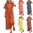 thumbnail image 1 of Eryao Summer Vacation Sets for Women Round Neck Short Sleeve Tops Matching Elastic Waist Wide Leg Pants Suits Lightweight Casual Tracksuits Watermelon Red,XXXXL, 1 of 6