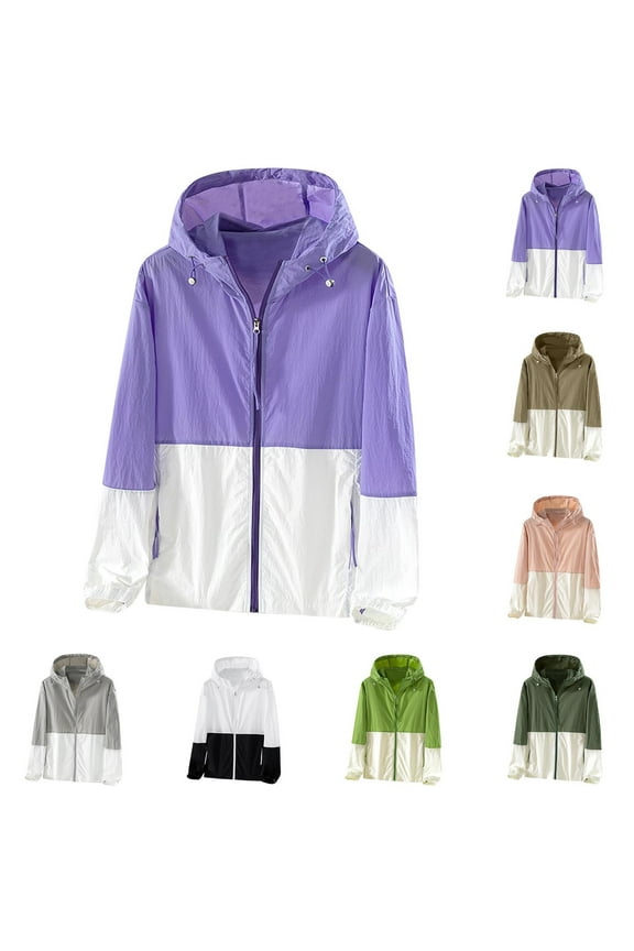 Sunscreen Jacket for Women Lightweight Classic Color Block Hooded Windbreaker 2024 Fall Plus Size Outdoor Workout Trench Coat with Pockets 90% off Clearance Sale，Purple，XXL