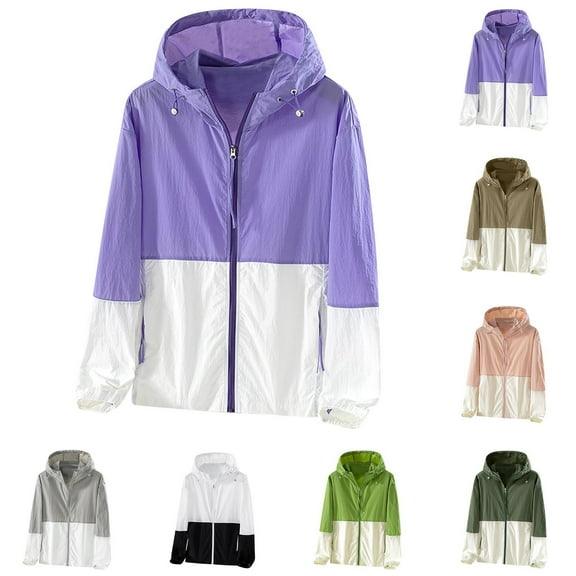 Eryao Sunscreen Jacket for Women Lightweight Classic Color Block Hooded Windbreaker 2024 Fall Plus Size Outdoor Workout Trench Coat with Pockets Limited Time Deal，Black，XXL