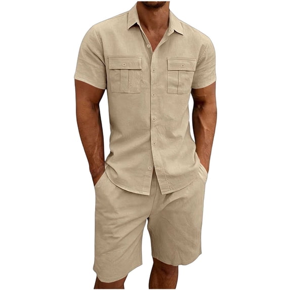 Eryao Sweat Outfits for Men 2 Piece Sets Casual Short Sleeve Button Down Shirts and Elastic Waist Shorts with Pockets Summer Breathable Loungewear,Khaki,XXL