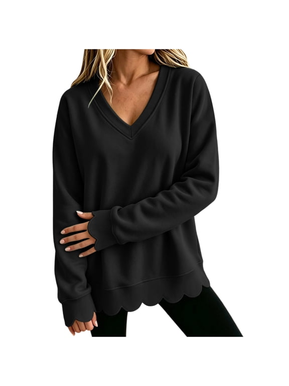 Sweatshirt for Women with Scalloped Trim Fall Winter Lightweight Athletic Sweatshirts Oversized V Neck Long Sleeve Pullover Tops Black,M