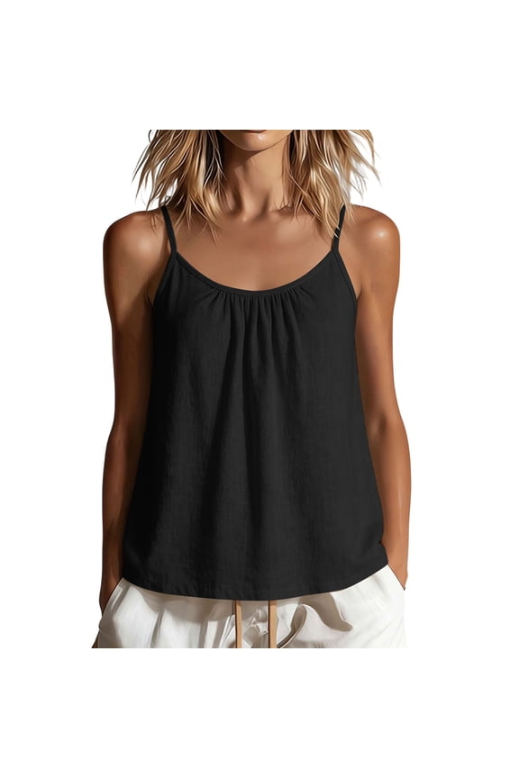 Tank Top for Women Cotton Summer Casual Spaghetti Strap Camisole Loose Scoop Neck Pleated Cami Sleeveless Tunic Blouse Black,XXXL