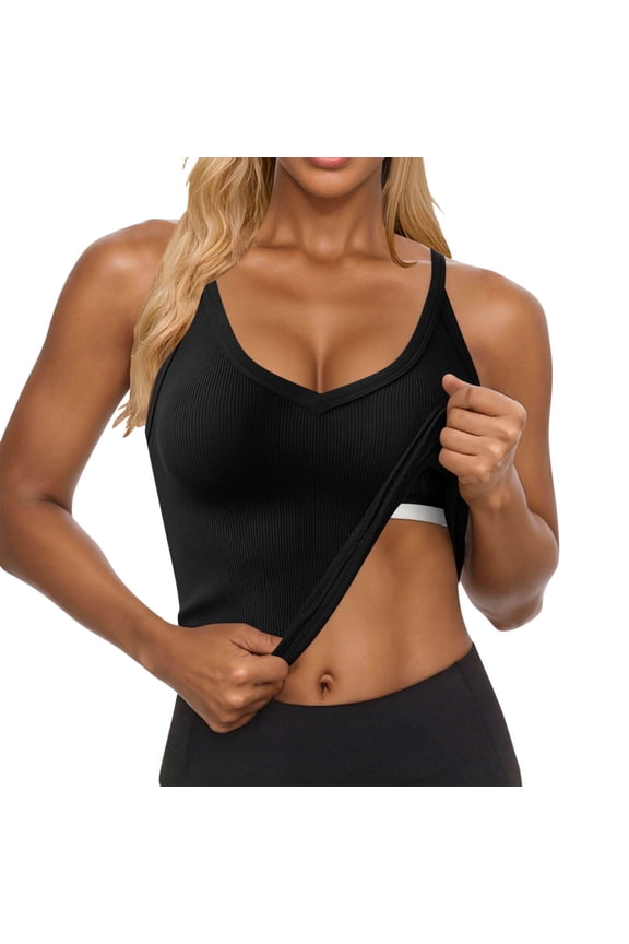 Tank Tops for Women with Padding V Neck Sleeveless Ribbed Knit Going Out Top Elegant Fitted Active Gym Y2k Tight Shirts Black,XL