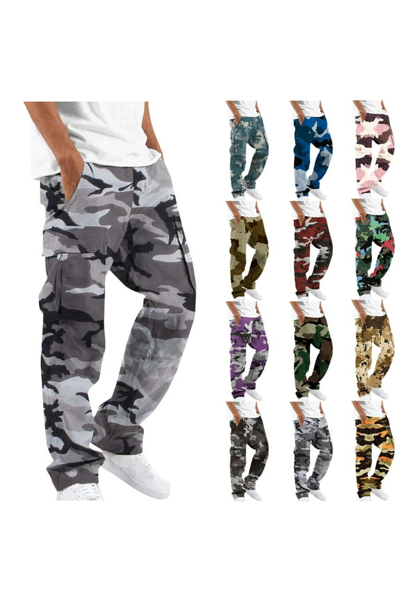 Mens Casual Cargo Pants Stretch Elastic Waist Joggers Pants Fashion Camo Stright Leg Sweatpants with Multi Pockets,Light Blue,XL