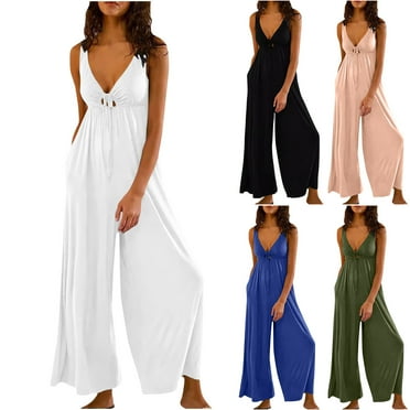 Eryao Today's Deals Women's Casual Loose Jumpsuits One Piece Sleeveless Wide Leg Long Pant Rompers with Pockets 2025 Summer Basic Solid Color Lightweight Overalls,Army Green,S
