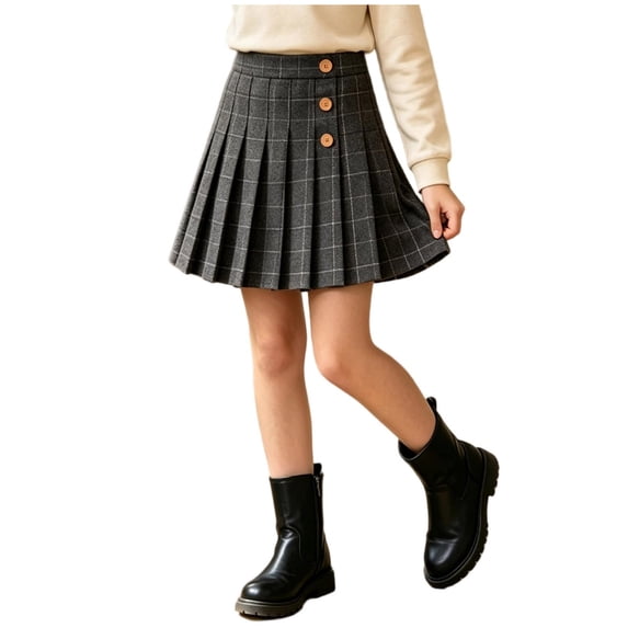 Eryao Toddler Pleated Skirt Preppy A Line Plaid School Uniform Skirts with Shorts Casual Comfort Button front Mini Tennis Skorts Black,11-12 Years
