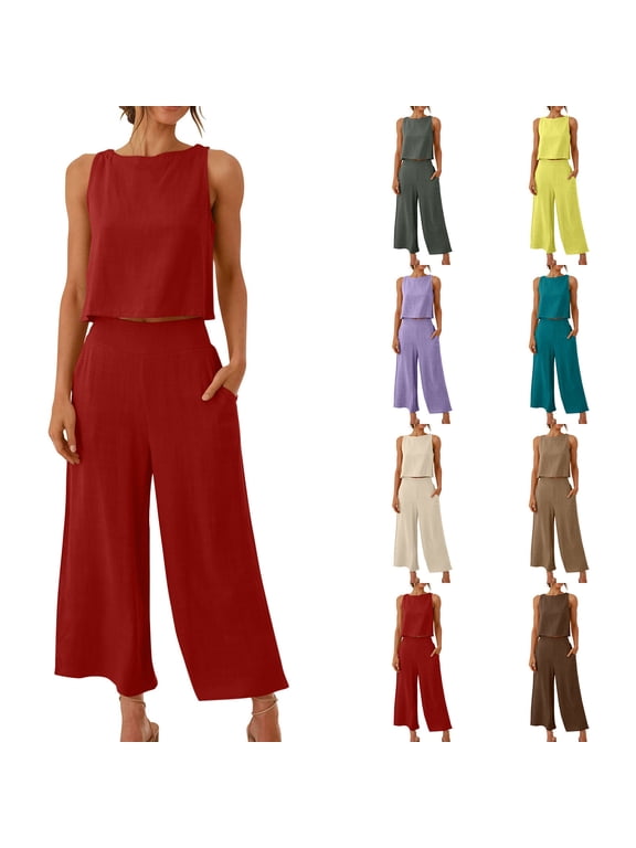 Two Piece Linen Sets for Women Casual Crew Neck Tank Tops and Wide Leg Pants with Pockets Set Summer Solid Color Lounge Suits People Free Duped,Brown,S