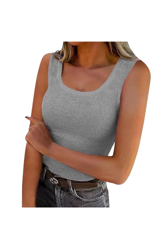 U Neck Ribbed Tank Tops for Women Slim Summer Sleeveless Fitted Blouse Knit Basic Tees Y2K Casual Comfy Workout Gym Top Gray,XL