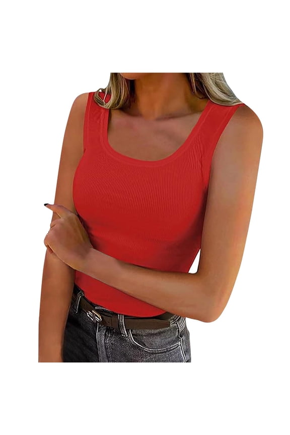 U Neck Ribbed Tank Tops for Women Slim Summer Sleeveless Fitted Blouse Knit Basic Tees Y2K Casual Comfy Workout Gym Top Red,L