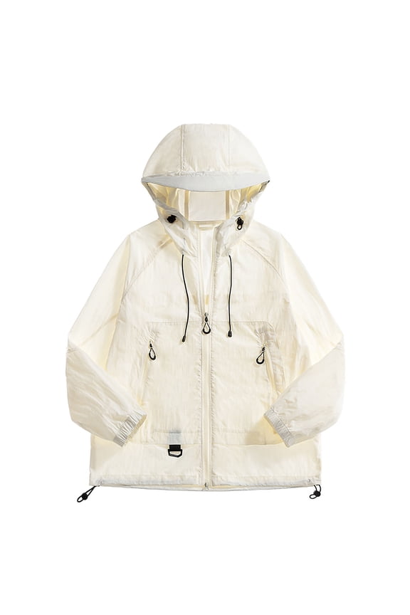 UPF 50+ Sun Shield Unisex Hooded Windbreaker Lightweight Packable Outdoor Casual Jacket with Pockets,Beige,M