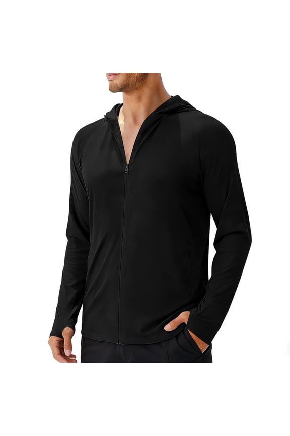 UPF 50+ Zip Up Hoodie for Men Sun Protection Long Sleeve Quick Dry Lightweight Workout Tops with Pockets,Black,XL
