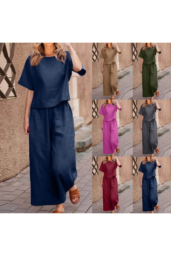 Vacation Matching Sets for Women 2 Piece Solid Color Lounge Suits Plus Size Short Sleeve Crew Neck Tops with Wide Leg Elastic Waist Pants Jogger Set Dark Gray,XS