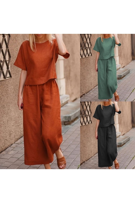 Vacation Sets for Women Short Sleeve Crew Neck Tops Matching Elastic Waist Wide Leg Pants Putfits Loose Lightweight 2 Piece Lounge Suits Green,XXXXL