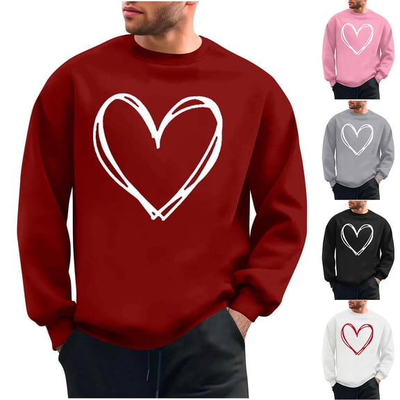 Eryao Valentine's Day Sweatshirts for Men Big and Tall Long Sleeve Round Neck Pullover Tops Cute Love Heart Print Graphic Shirts,Pink,XXXL