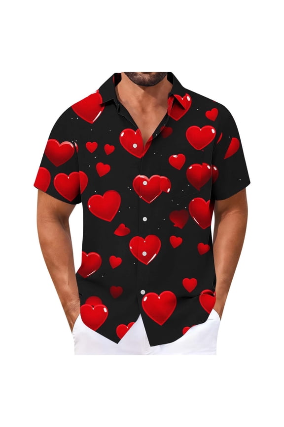 Eryao Valentines Day Shirt Men Big and Tall Button Down Lapel Collar Tops Heart Print Short Sleeve Graphic Shirts,Multicolor,XXL