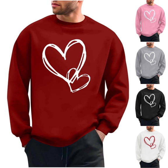 Eryao Valentines Day Sweatshirts for Men Big and Tall Long Sleeve Crewneck Pullover Tops Cute Love Heart Print Graphic Shirts,Gray,M