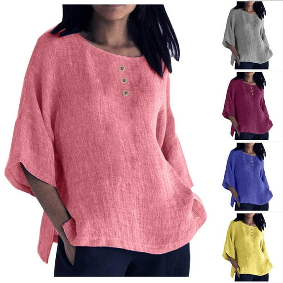 Eryao Weekly Deals 3/4 Sleeve Cotton Linen Shirts for Women 2025 Summer Lightweight Solid Color Comfy Tops Casual Round Neck Side Slit Blouses,Gray,XXXXXL