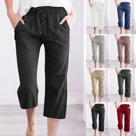 Eryao Weekly Prime Cotton Linen Capris for Women Loose Fit Cropped Trousers Drawstring Waisted Wide Leg Straight Pant Solid Color Capri Pants with Pockets,Red,XL