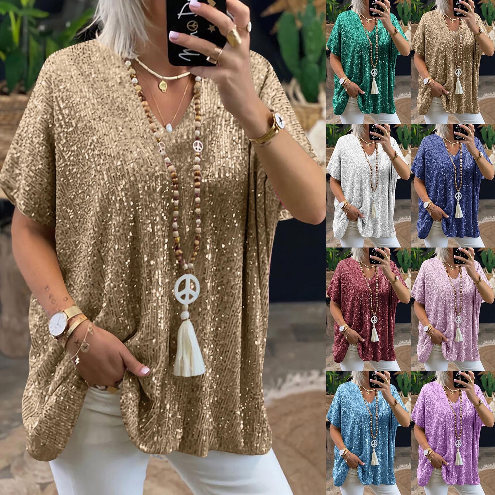 Eryao Weekly Prime Women's Fashion Sparkly Sequin Top Short Sleeve V ...