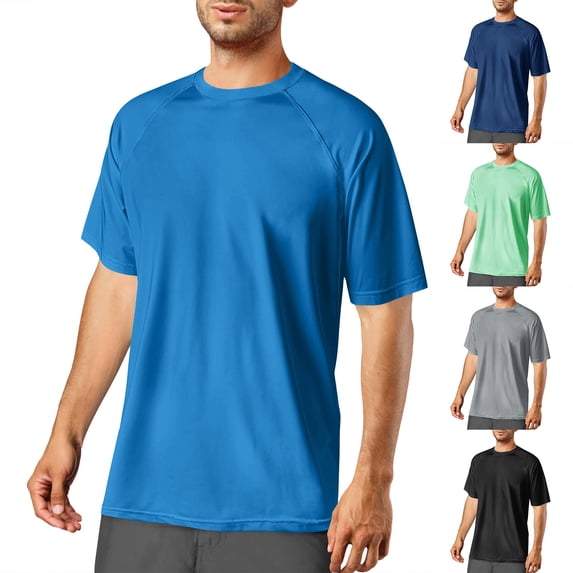 Eryao Weekly Sale Stretch Workout Shirts for Men Short Sleeve Round Neck Solid Color Pullover Tops Casual Lightweight Breathable Shirt,Dark Blue,XL