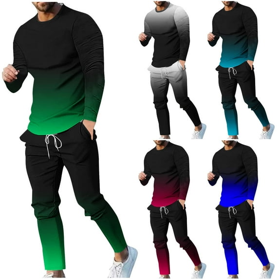 Eryao Weekly Sale Two Piece Sweatsuit for Men Novelty Gradient Long Sleeve Round Neck Shirts and Jogger Pants with Pockets Tracksuits 2025 Lightweight Casual Outdoor Loungewear,Green,M