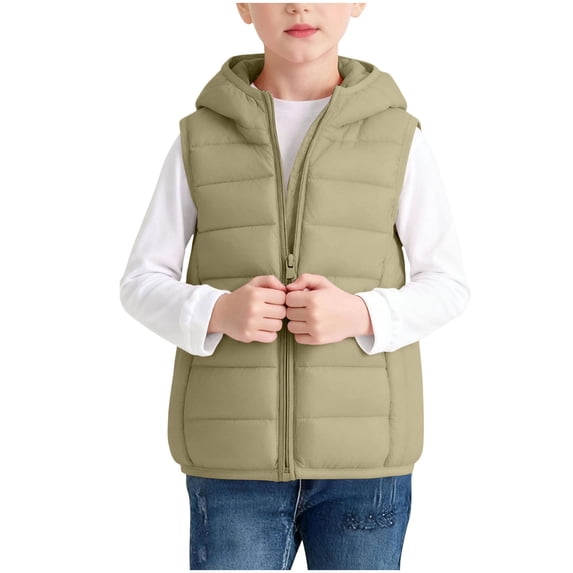 Eryao Winter Lightweight Sleeveless Vest Girl Unisex Fall Fashion Hooded Lightweight Puffer Vests Solid Color Zip Up Jackets with Pockets Khaki,3 Years