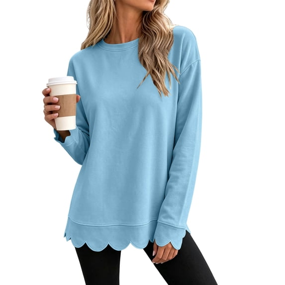 Eryao Woman Crew Neck Sweatshirts Fall Winter Lightweight Oversized Athletic Sweatshirt Scalloped Casual Long Sleeve Pullover Tops Sky Blue,XL