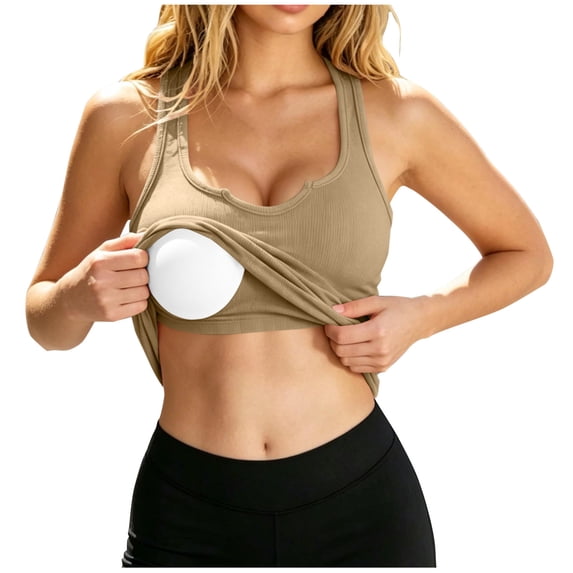 Eryao Women Built-in Bra Tank Tops Summer Sleeveless Casual Shirts Notch Neck Racerback Basic Cami Ribbed Knit Fitted Tank Top Khaki,M