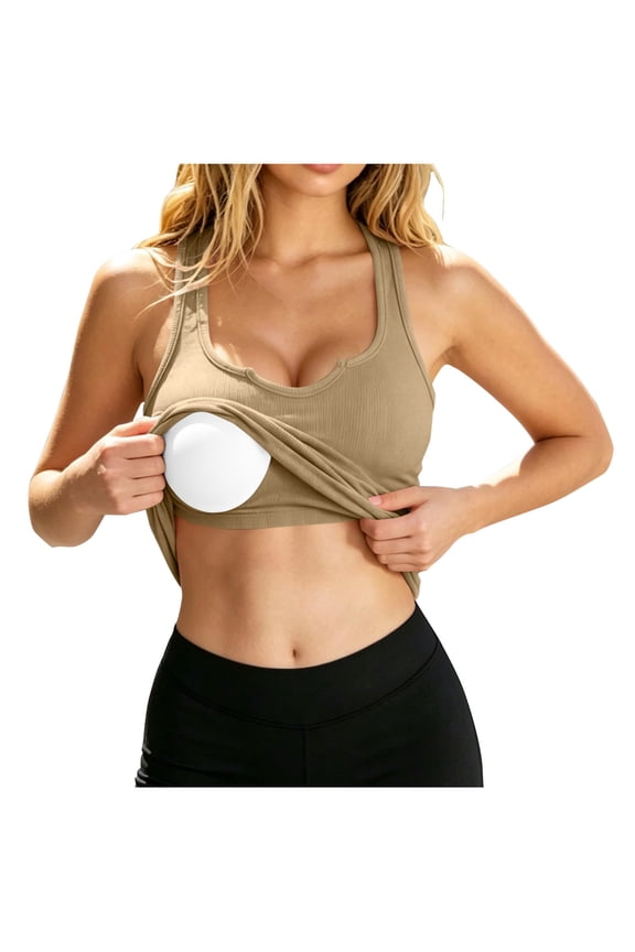 Women Built-in Bra Tank Tops Summer Sleeveless Casual Shirts Notch Neck Racerback Basic Cami Ribbed Knit Fitted Tank Top Khaki,S