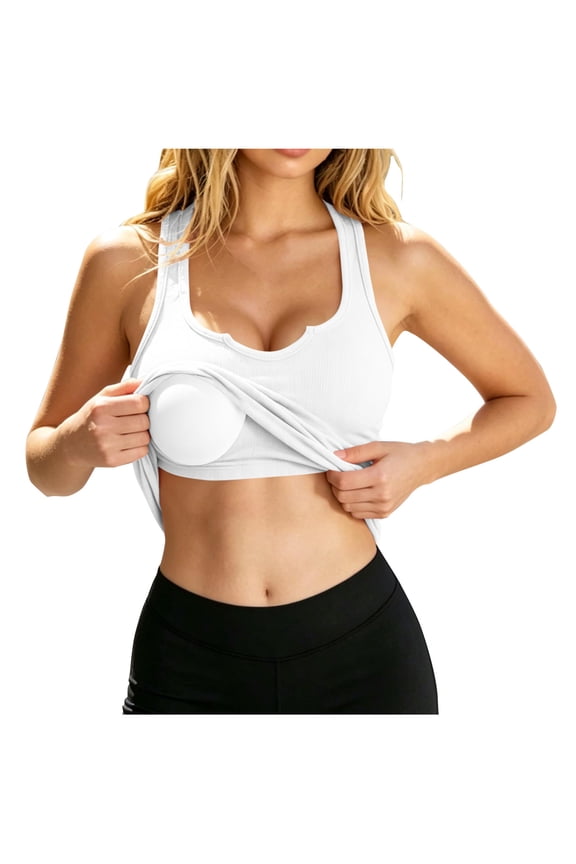 Women Built-in Bra Tank Tops Summer Sleeveless Casual Shirts Notch Neck Racerback Basic Cami Ribbed Knit Fitted Tank Top White,S