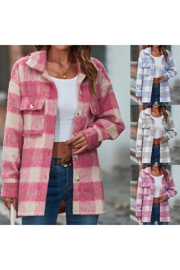Women Flannel Shacket Jacket Plaid Button Down Long Sleeve Shirt Fall Outfits Casual Open Front Loose Outwear for Women,Pink,S