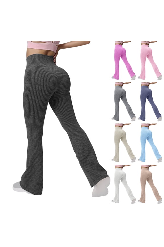 Women Flare Leggings Ribbed Knit High Waisted Bootcut Yoga Pants Tummy Control Bell Bottom Leggings,Dark Gray S