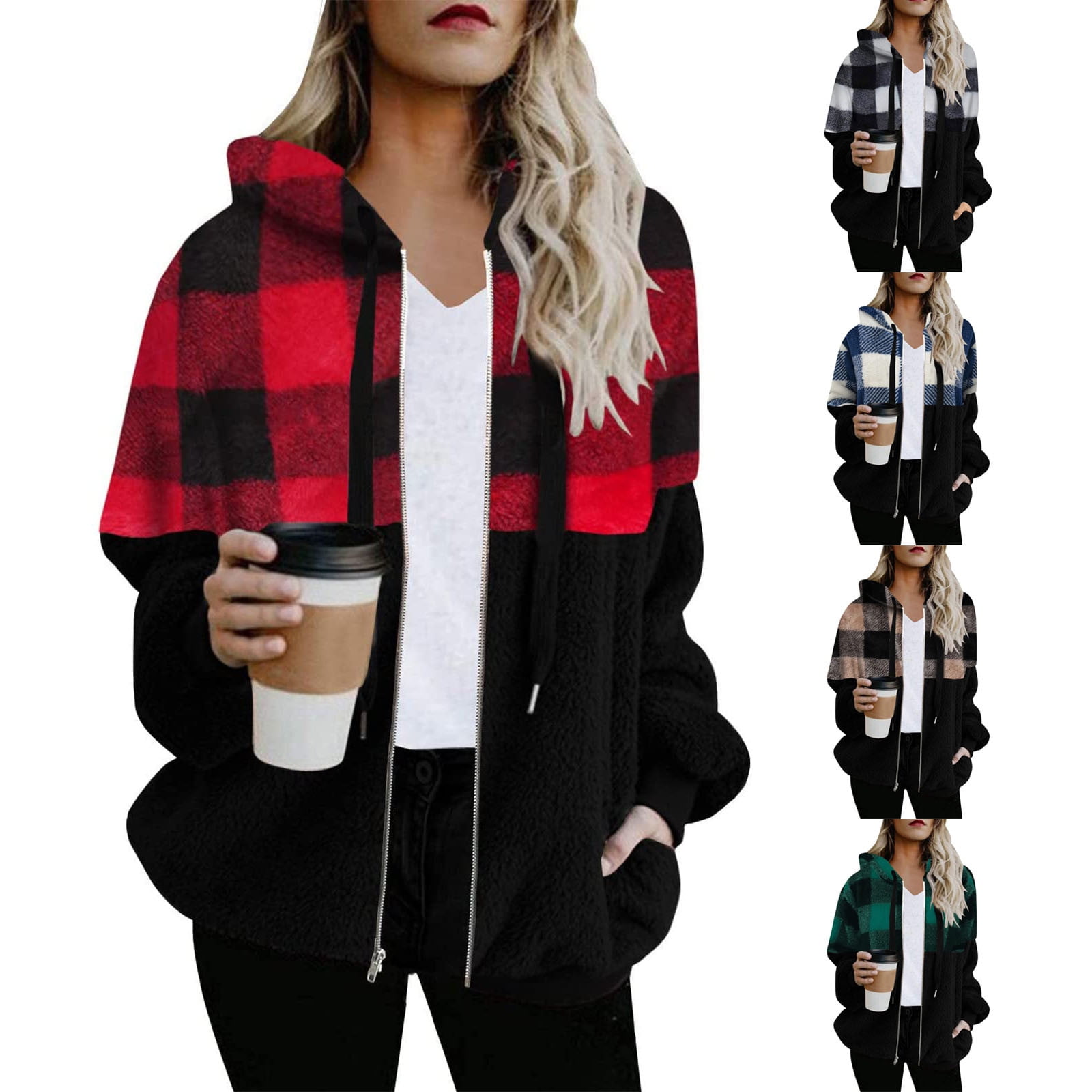 Drawstring Plaid Zip Up Long Sleeve Hooded Outerwear