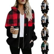 Eryao Women Full Zip Up Hoodie Plaid Patchwork Long Sleeve Drawstring Sweatshirt with Pockets 2024 Fall Casual Classic Checked Hooded Outwear Shacket for Women,Blue,S