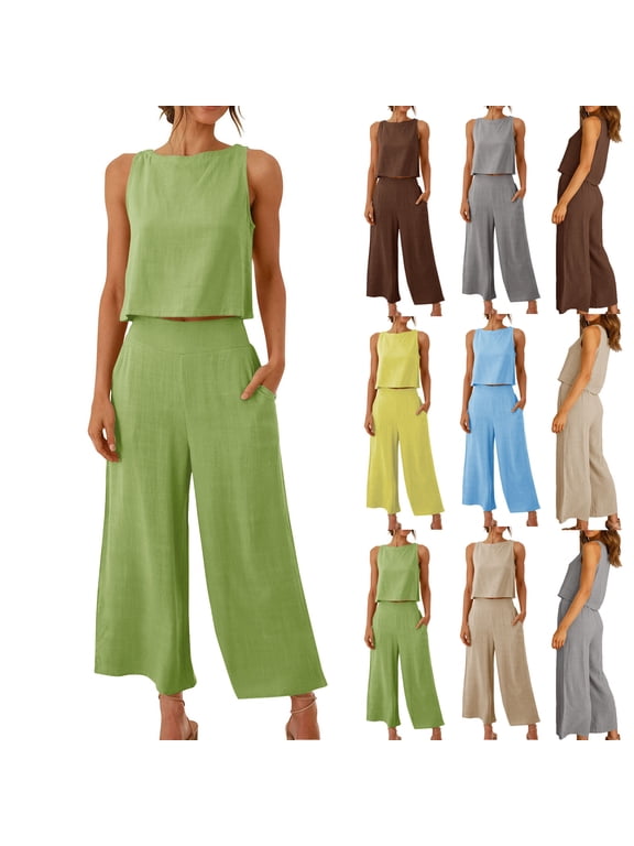 Women Linen Sets 2 Piece Outfits Plus Size Sleeveless Crew Neck Tops and Wide Leg Capri Pants with Pockets 2025 Summer Beach Vacation Lounge Suits Dupes People Free,Yellow,XXXL
