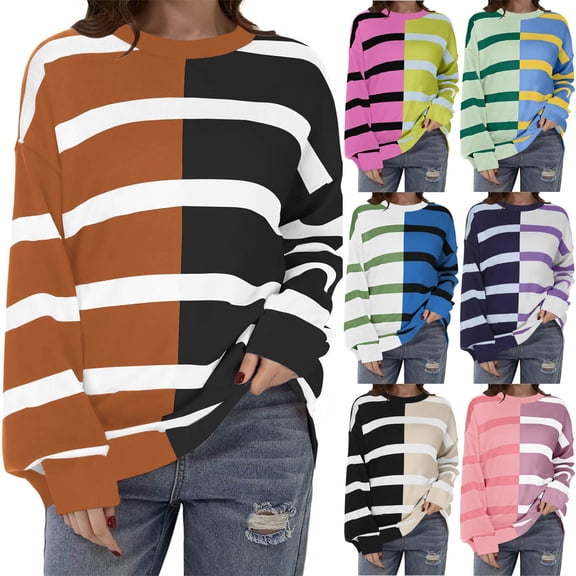 Eryao Women Oversized Striped Color Block Long Sleeve Crew Neck Sweatshirt Casual Loose Patchwork Shirts 2024 Fall Trendy Y2K Pullover Tops Weekly Sale,Pink,XXL