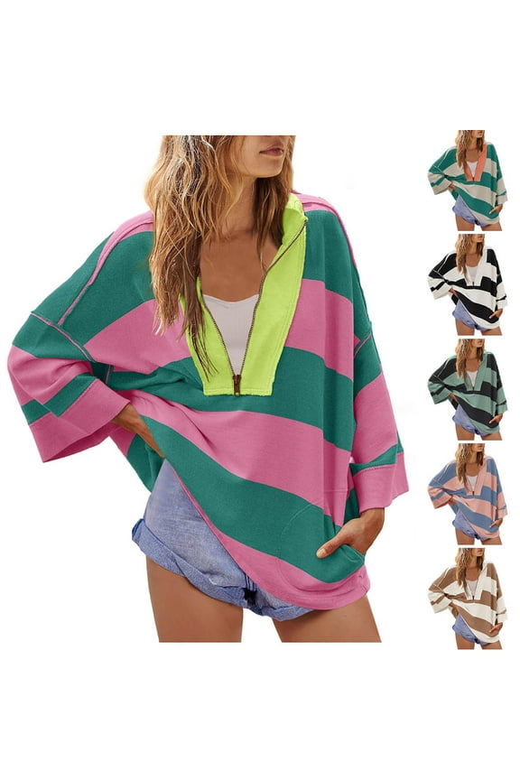 Women Oversized Striped Color Block Tees Top Half Zip Drop Shoulder Long Sleeve Casual Pullover T Shirt with Pockets 2026 Fall Preppy Lightweight Polo Shirts,Black,M