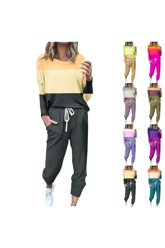 Women Plus Size 2 Piece Jogger Outfits Sets Loose Fit Color Block Activewear Lounge Suits Fall Crew Neck Long Sleeve Tops and Drawstring Pants with Pockets,Army Green,XXXL