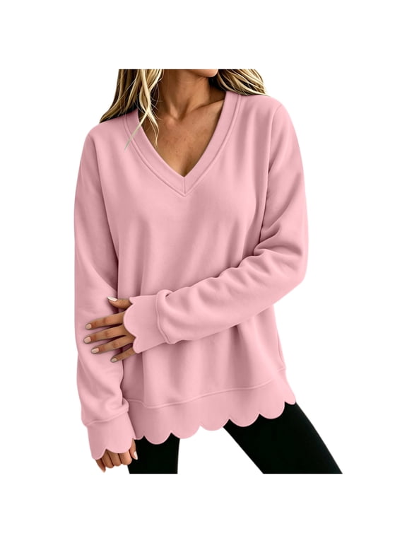 Women Pullover Sweatshirt Fall Winter Lightweight Scalloped Sweatshirts Oversized V Neck Long Sleeve Solid Color Tops Pink,S