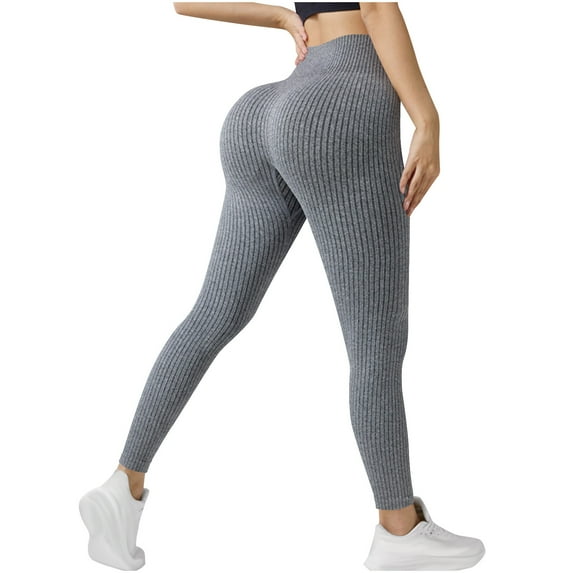 Eryao Women Ribbed Knit Sports Yoga Leggings Seamless High Waist Tummy Control Skinny Pants Scrunch Butt Lift Workout Pant,Gray M