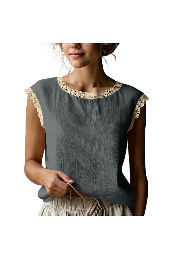Women Sleeveless Lace Trim Tank Tops Beach Vacation Summer Cotton Linen Shirts Loose Fit Dressy Casual Gauze Top Blouses Gray,S