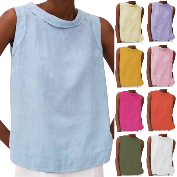 Eryao Women Sleeveless Linen Top Summer Casual Crewneck Solid Color Tank Loose Lightweight Basic Tunic Vest 2025,Khaki,XXXL
